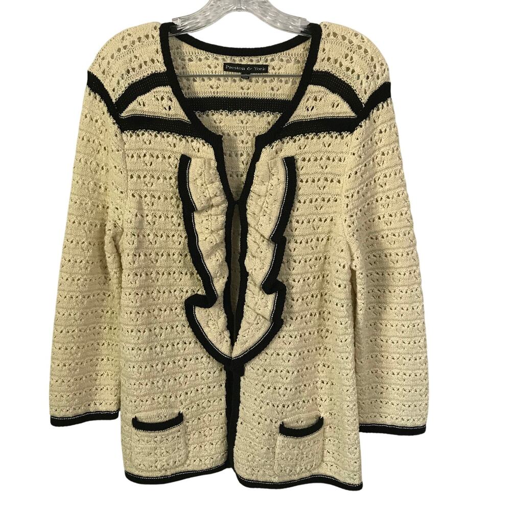Preston and York Sweater Cardigan Medium Womens Crocheted Cream Black Unique M